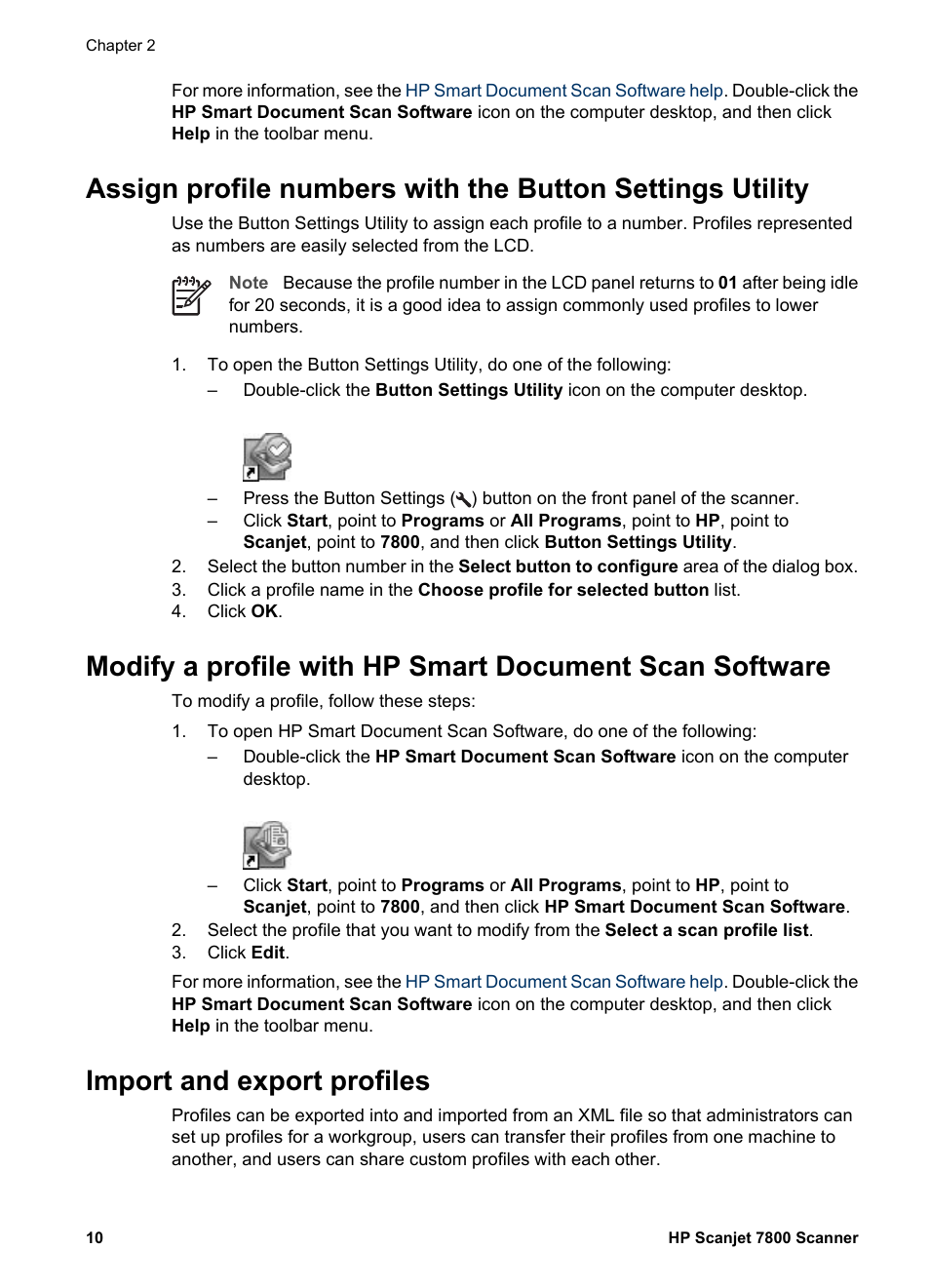 Import and export profiles, Assign profile, Numbers with the button settings utility | HP Scanjet 7800 Document Sheet-feed Scanner User Manual | Page 12 / 30
