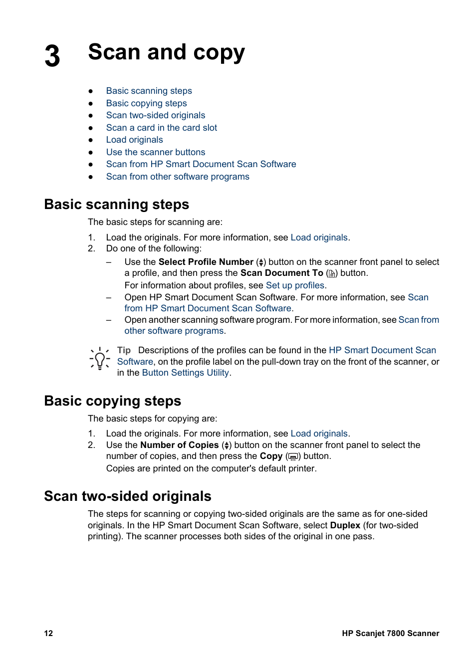 Scan and copy, Basic scanning steps, Basic copying steps | Scan two-sided originals | HP Scanjet 7800 Document Sheet-feed Scanner User Manual | Page 14 / 30