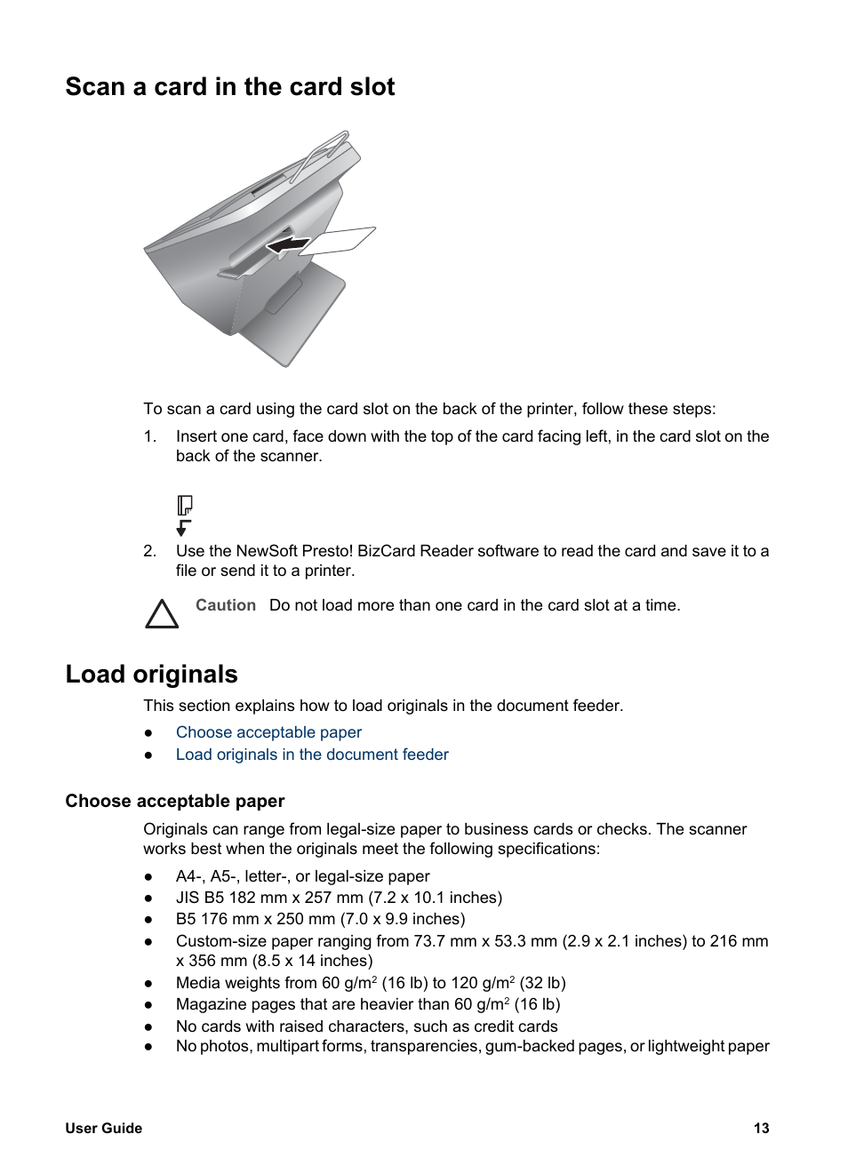Scan a card in the card slot, Load originals, Choose acceptable paper | Scan a card in the card slot load originals | HP Scanjet 7800 Document Sheet-feed Scanner User Manual | Page 15 / 30