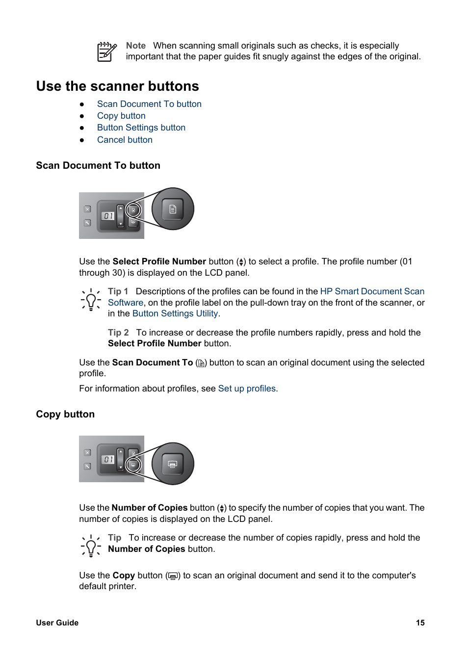 Use the scanner buttons, Scan document to button, Copy button | Ation, see | HP Scanjet 7800 Document Sheet-feed Scanner User Manual | Page 17 / 30