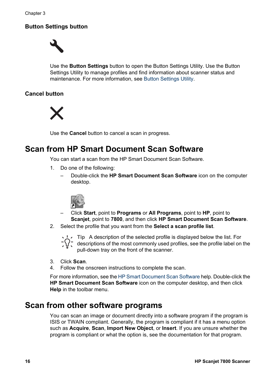 Button settings button, Cancel button, Scan from hp smart document scan software | Scan from other software programs, Scan from, Hp smart document scan software, Scan, From hp smart document scan software, Other software programs, Hp smart document scan | HP Scanjet 7800 Document Sheet-feed Scanner User Manual | Page 18 / 30