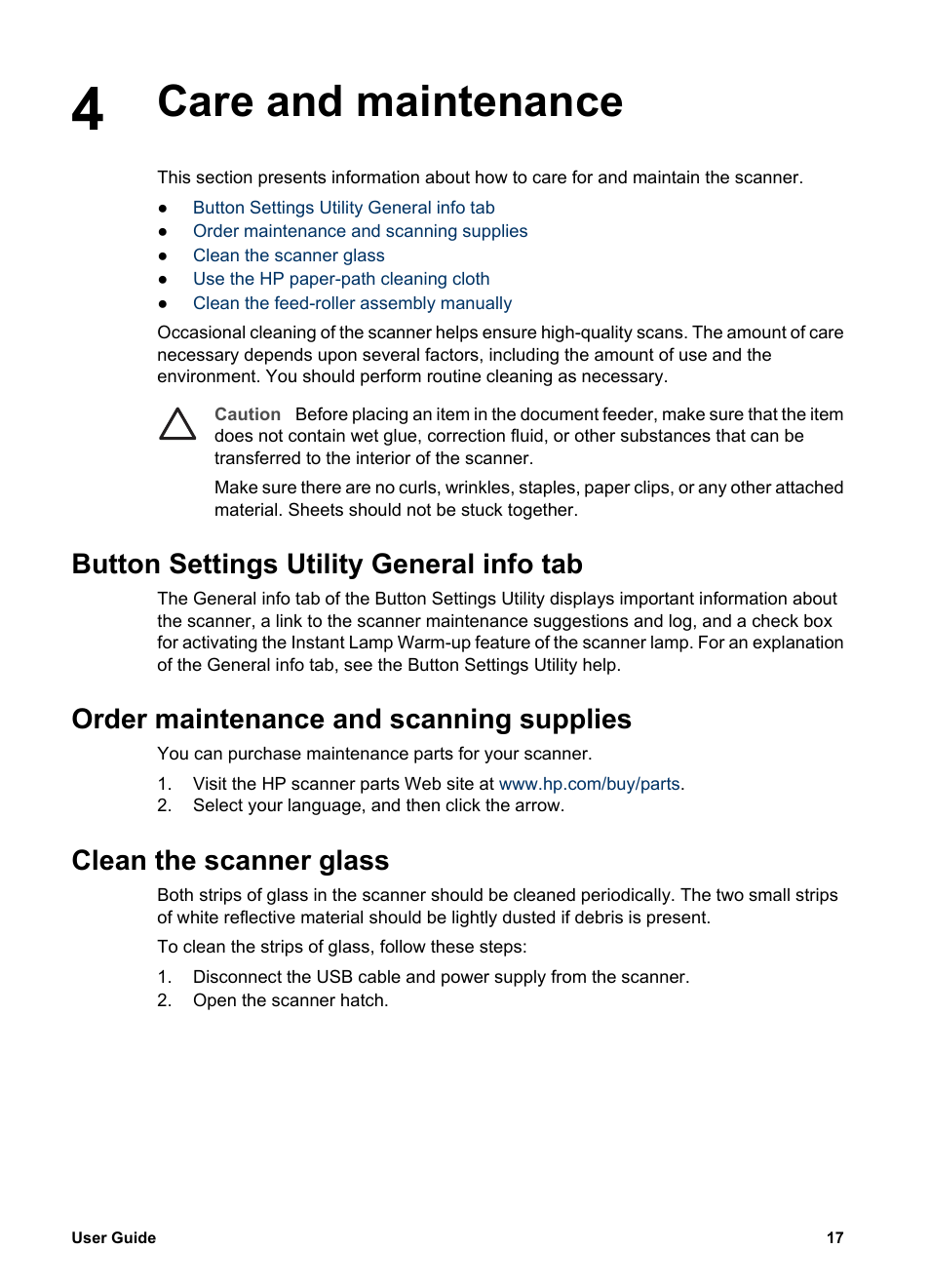Care and maintenance, Button settings utility general info tab, Order maintenance and scanning supplies | Clean the scanner glass | HP Scanjet 7800 Document Sheet-feed Scanner User Manual | Page 19 / 30