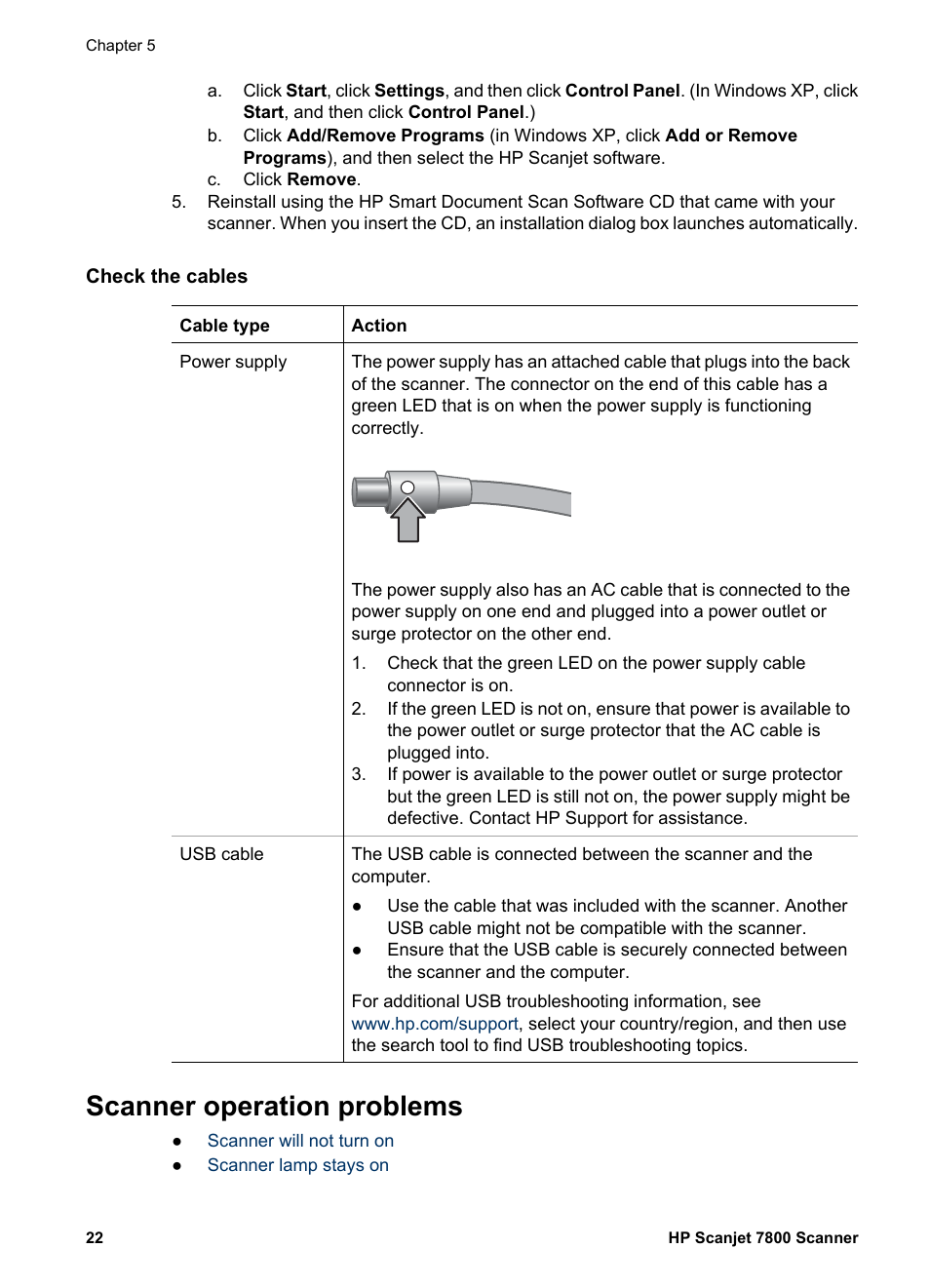 Check the cables, Scanner operation problems | HP Scanjet 7800 Document Sheet-feed Scanner User Manual | Page 24 / 30