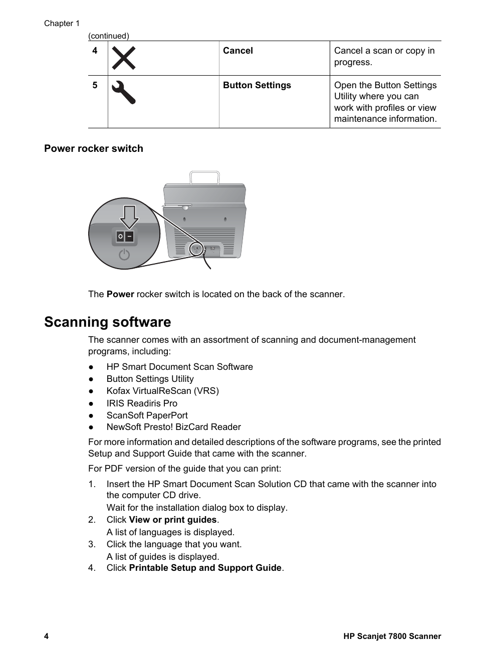 Power rocker switch, Scanning software | HP Scanjet 7800 Document Sheet-feed Scanner User Manual | Page 6 / 30