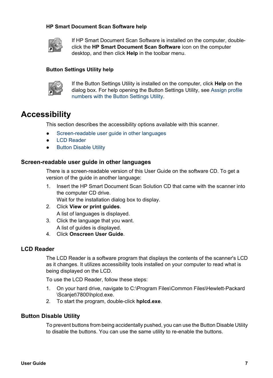 Accessibility, Screen-readable user guide in other languages, Lcd reader | Button disable utility | HP Scanjet 7800 Document Sheet-feed Scanner User Manual | Page 9 / 30