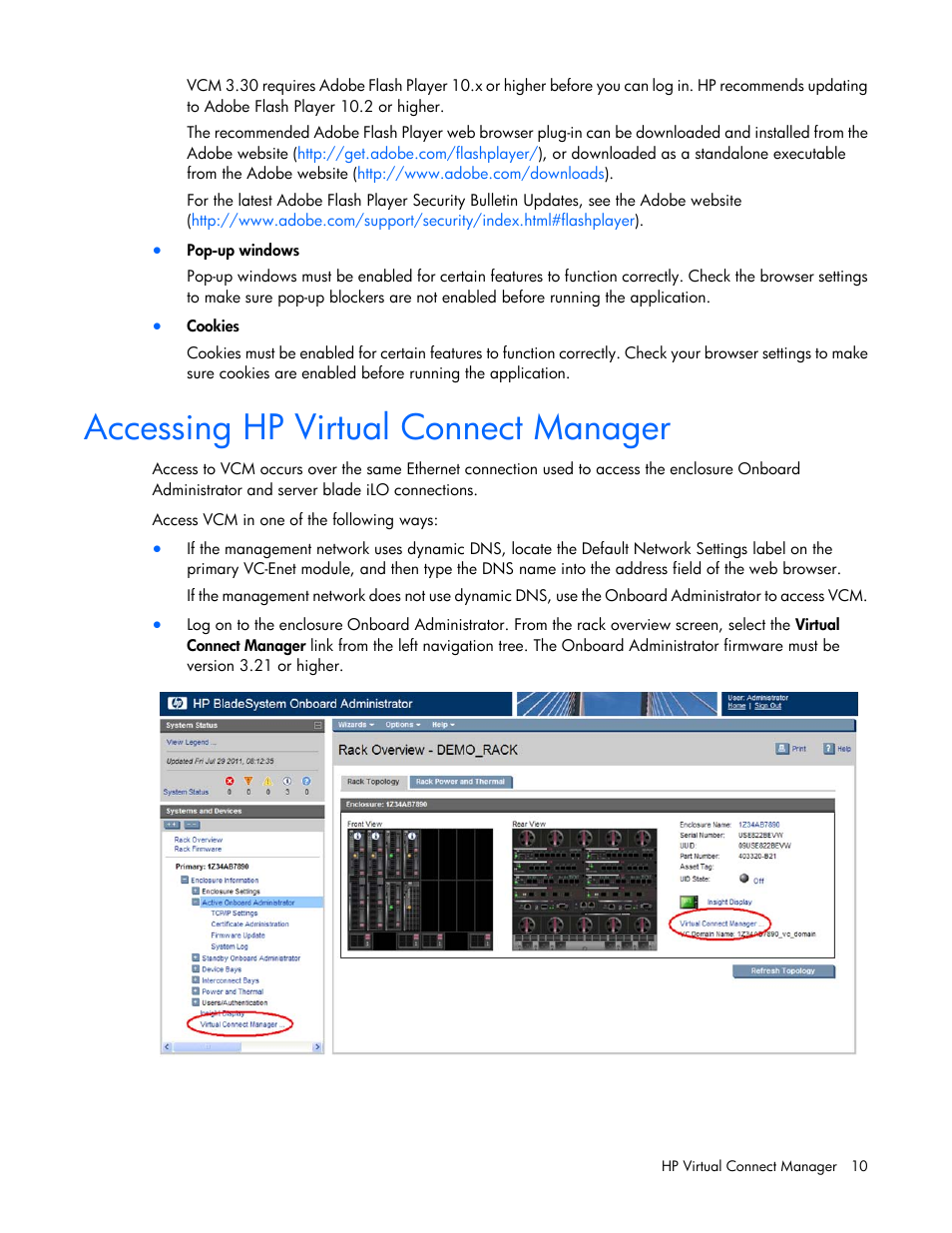 Accessing hp virtual connect manager | HP Virtual Connect 8Gb 20-port Fibre Channel Module for c-Class BladeSystem User Manual | Page 10 / 223