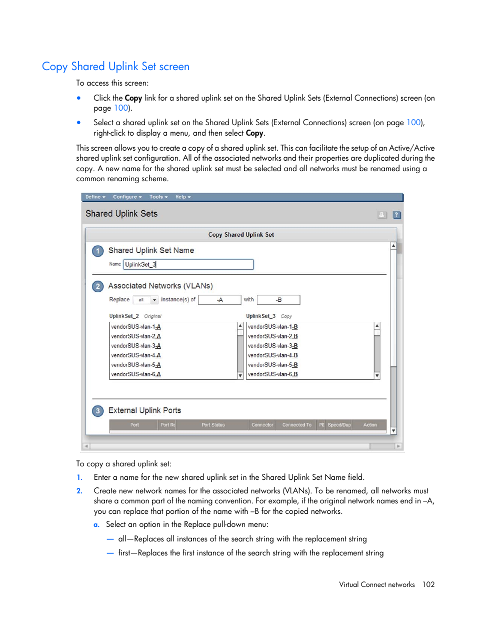 Copy shared uplink set screen | HP Virtual Connect 8Gb 20-port Fibre Channel Module for c-Class BladeSystem User Manual | Page 102 / 223