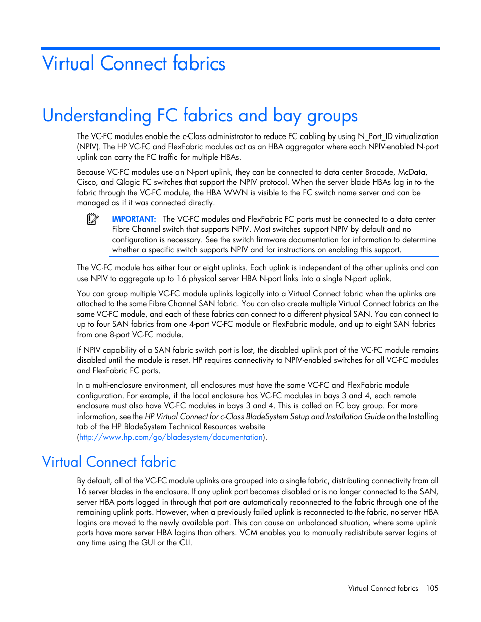 Virtual connect fabrics, Understanding fc fabrics and bay groups, Virtual connect fabric | HP Virtual Connect 8Gb 20-port Fibre Channel Module for c-Class BladeSystem User Manual | Page 105 / 223