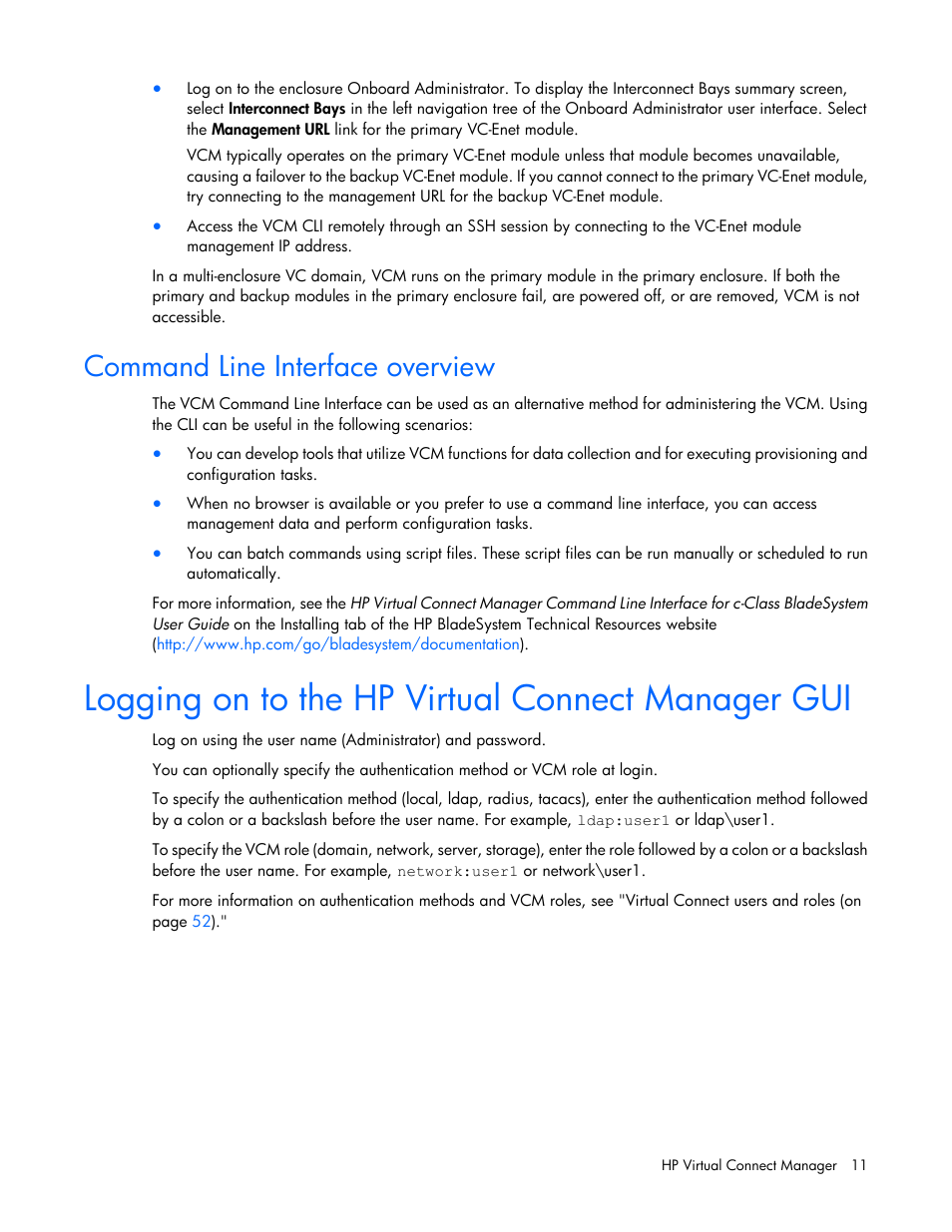 Command line interface overview, Logging on to the hp virtual connect manager gui | HP Virtual Connect 8Gb 20-port Fibre Channel Module for c-Class BladeSystem User Manual | Page 11 / 223