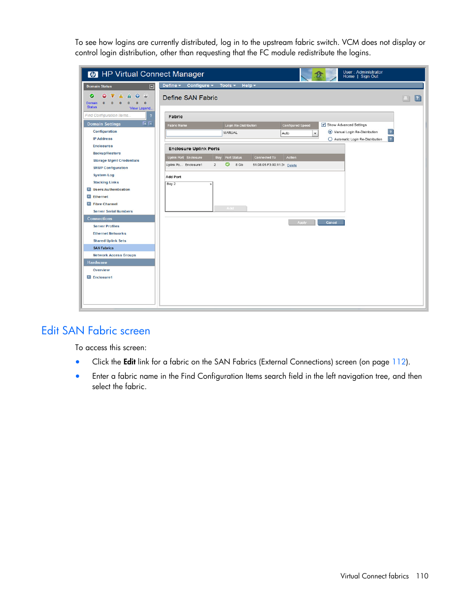 Edit san fabric screen | HP Virtual Connect 8Gb 20-port Fibre Channel Module for c-Class BladeSystem User Manual | Page 110 / 223