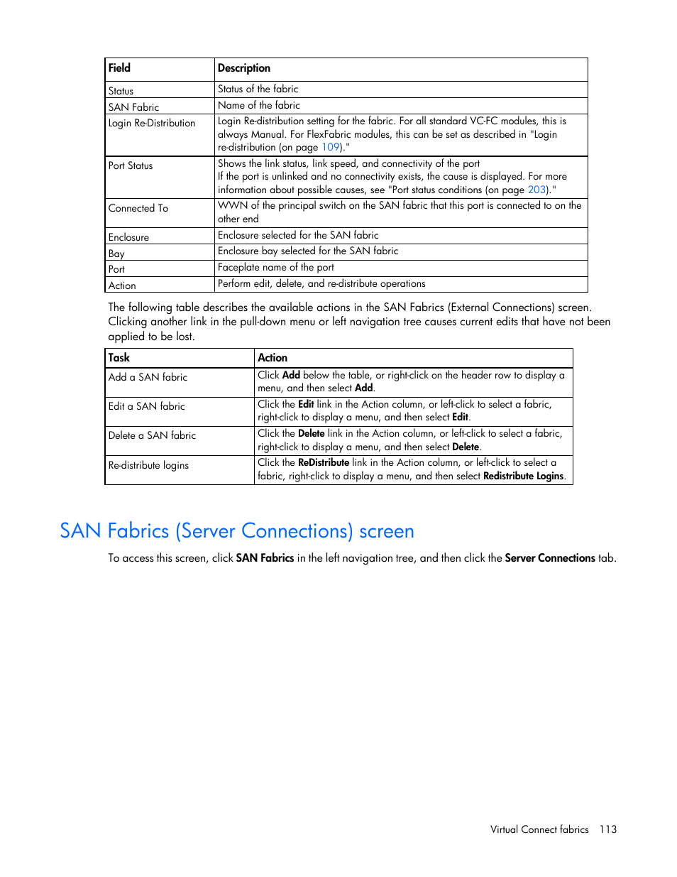 San fabrics (server connections) screen | HP Virtual Connect 8Gb 20-port Fibre Channel Module for c-Class BladeSystem User Manual | Page 113 / 223