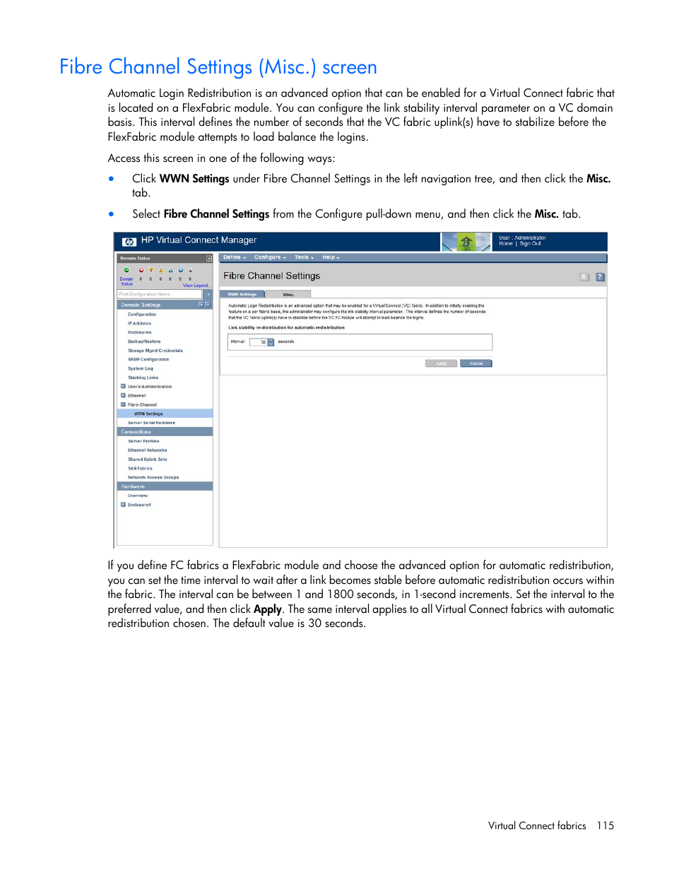 Fibre channel settings (misc.) screen | HP Virtual Connect 8Gb 20-port Fibre Channel Module for c-Class BladeSystem User Manual | Page 115 / 223