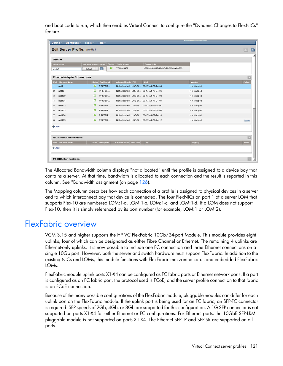 Flexfabric overview | HP Virtual Connect 8Gb 20-port Fibre Channel Module for c-Class BladeSystem User Manual | Page 121 / 223