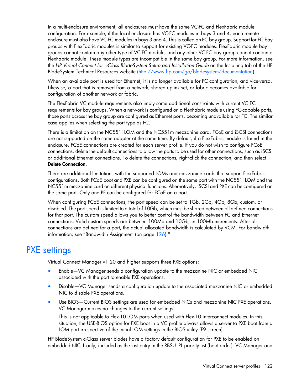 Pxe settings | HP Virtual Connect 8Gb 20-port Fibre Channel Module for c-Class BladeSystem User Manual | Page 122 / 223