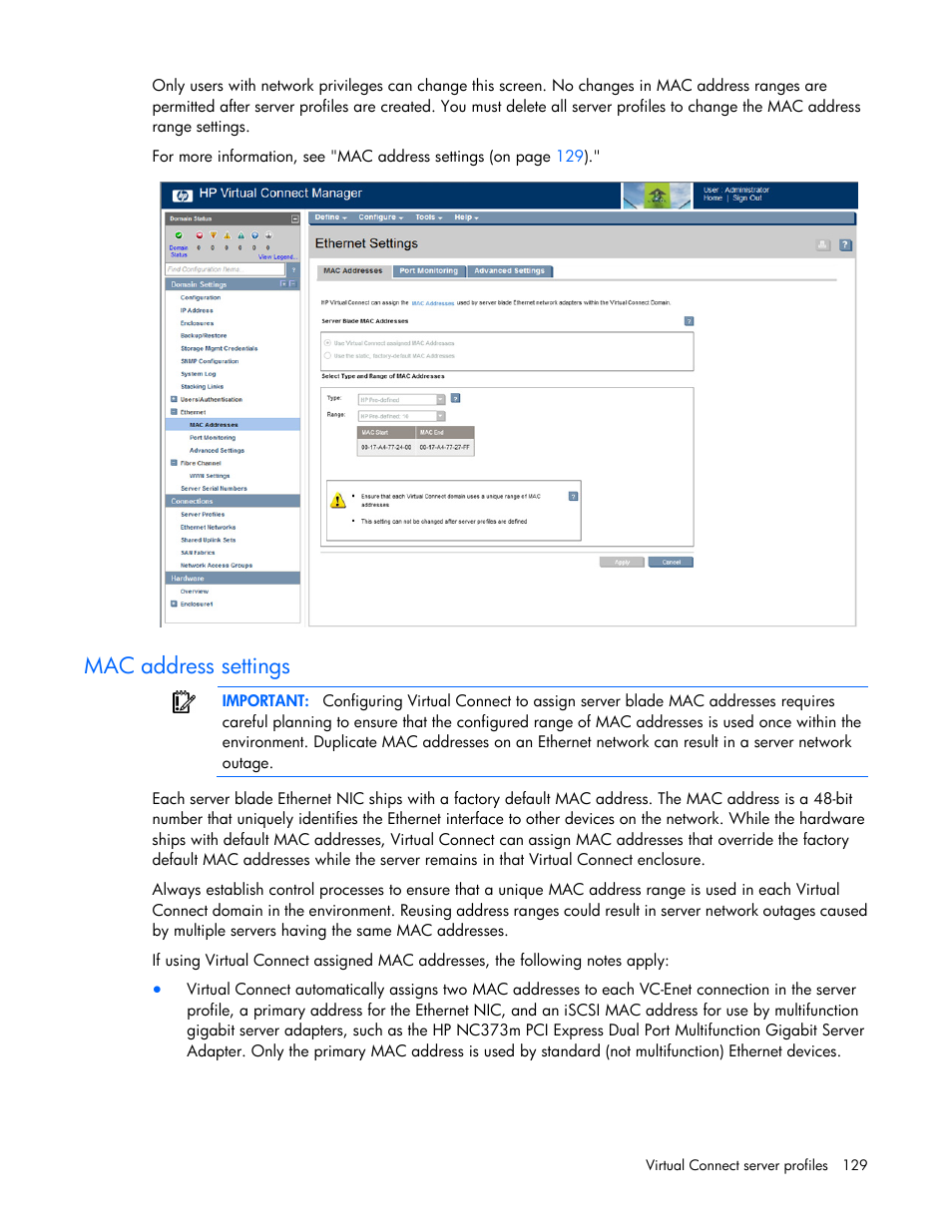 Mac address settings | HP Virtual Connect 8Gb 20-port Fibre Channel Module for c-Class BladeSystem User Manual | Page 129 / 223