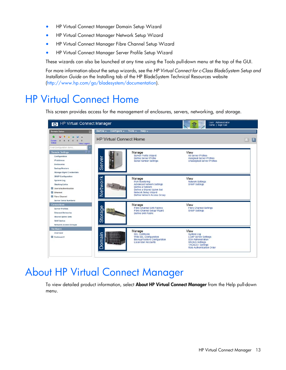 Hp virtual connect home, About hp virtual connect manager | HP Virtual Connect 8Gb 20-port Fibre Channel Module for c-Class BladeSystem User Manual | Page 13 / 223