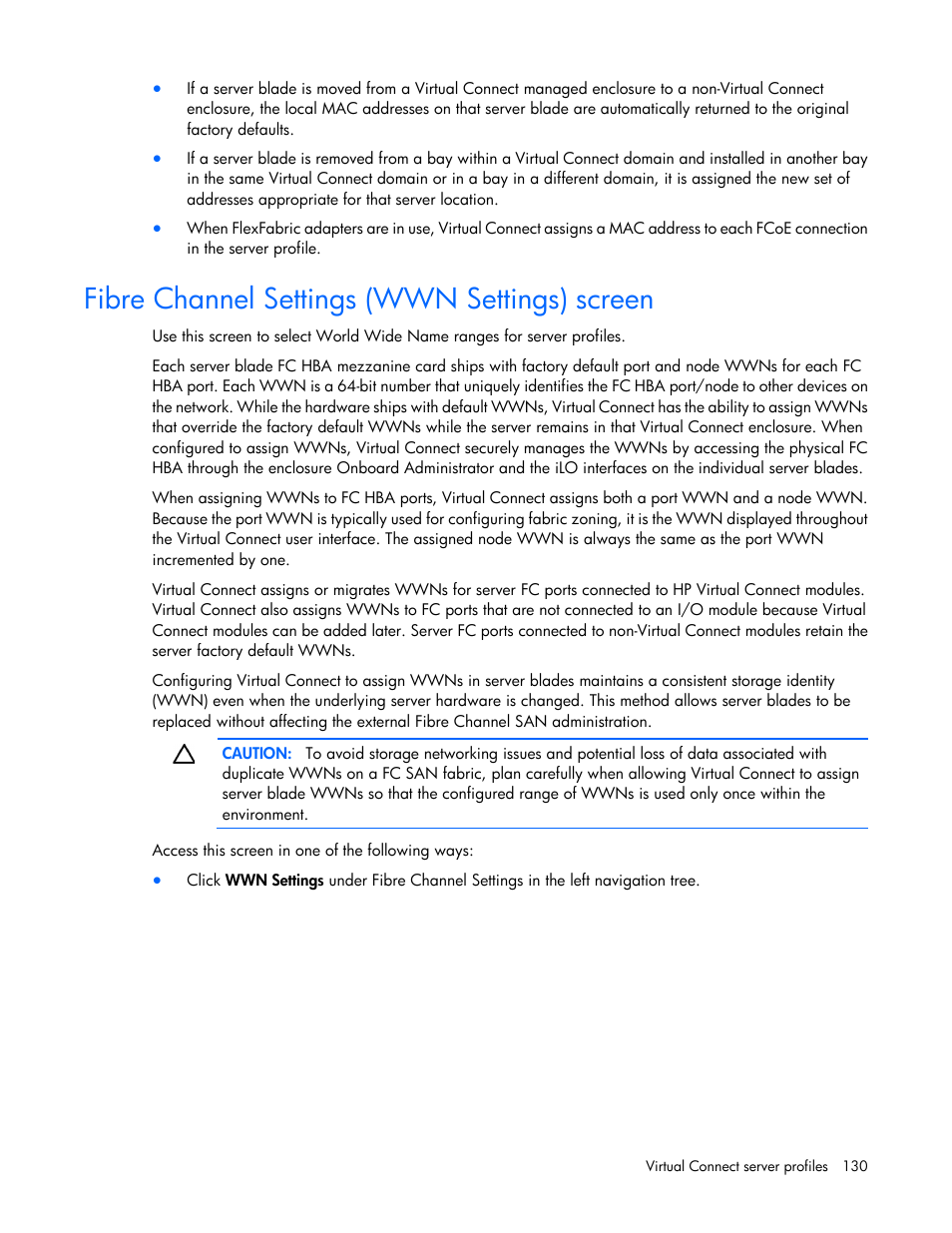 Fibre channel settings (wwn settings) screen | HP Virtual Connect 8Gb 20-port Fibre Channel Module for c-Class BladeSystem User Manual | Page 130 / 223