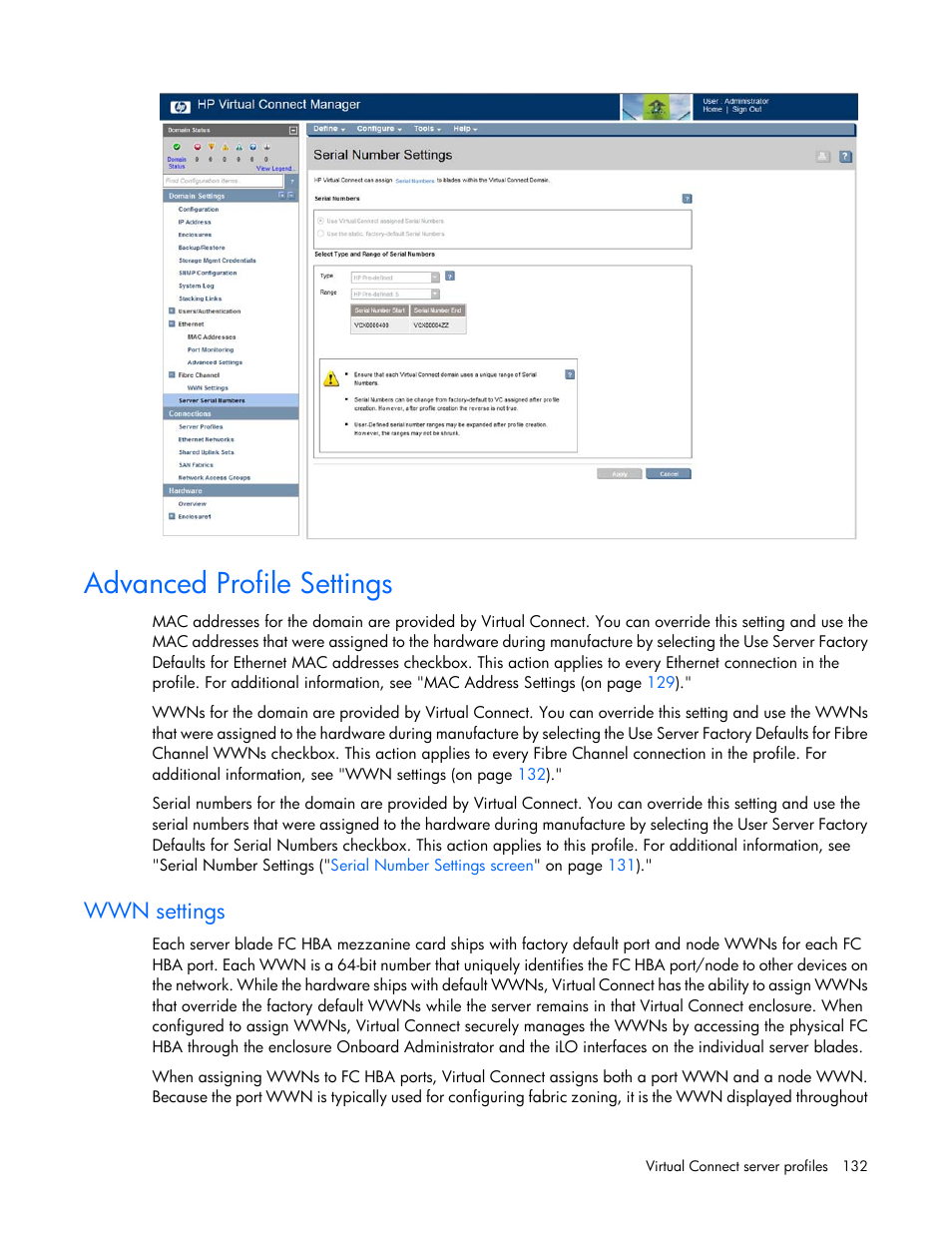 Advanced profile settings, Wwn settings | HP Virtual Connect 8Gb 20-port Fibre Channel Module for c-Class BladeSystem User Manual | Page 132 / 223