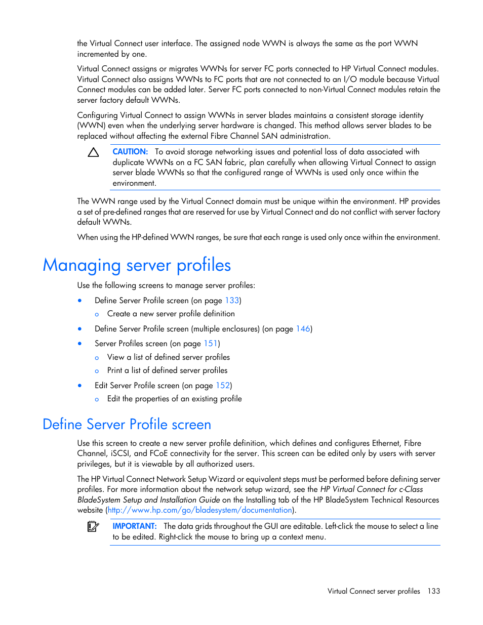 Managing server profiles, Define server profile screen | HP Virtual Connect 8Gb 20-port Fibre Channel Module for c-Class BladeSystem User Manual | Page 133 / 223