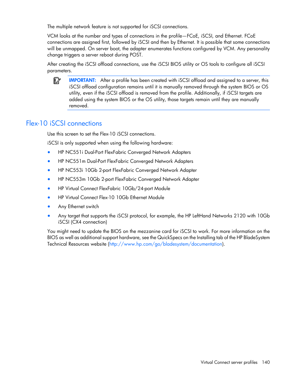 Flex-10 iscsi connections | HP Virtual Connect 8Gb 20-port Fibre Channel Module for c-Class BladeSystem User Manual | Page 140 / 223