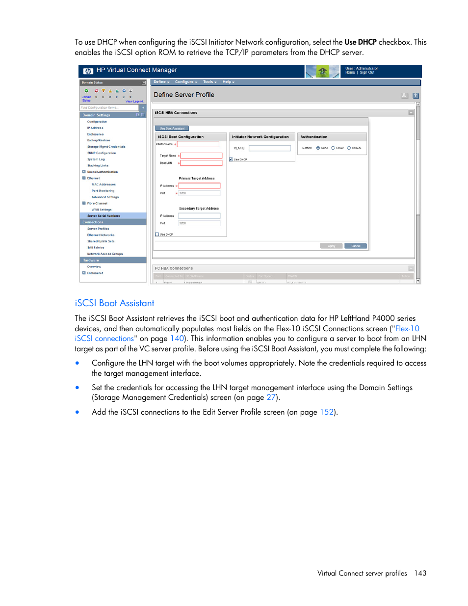 Iscsi boot assistant | HP Virtual Connect 8Gb 20-port Fibre Channel Module for c-Class BladeSystem User Manual | Page 143 / 223