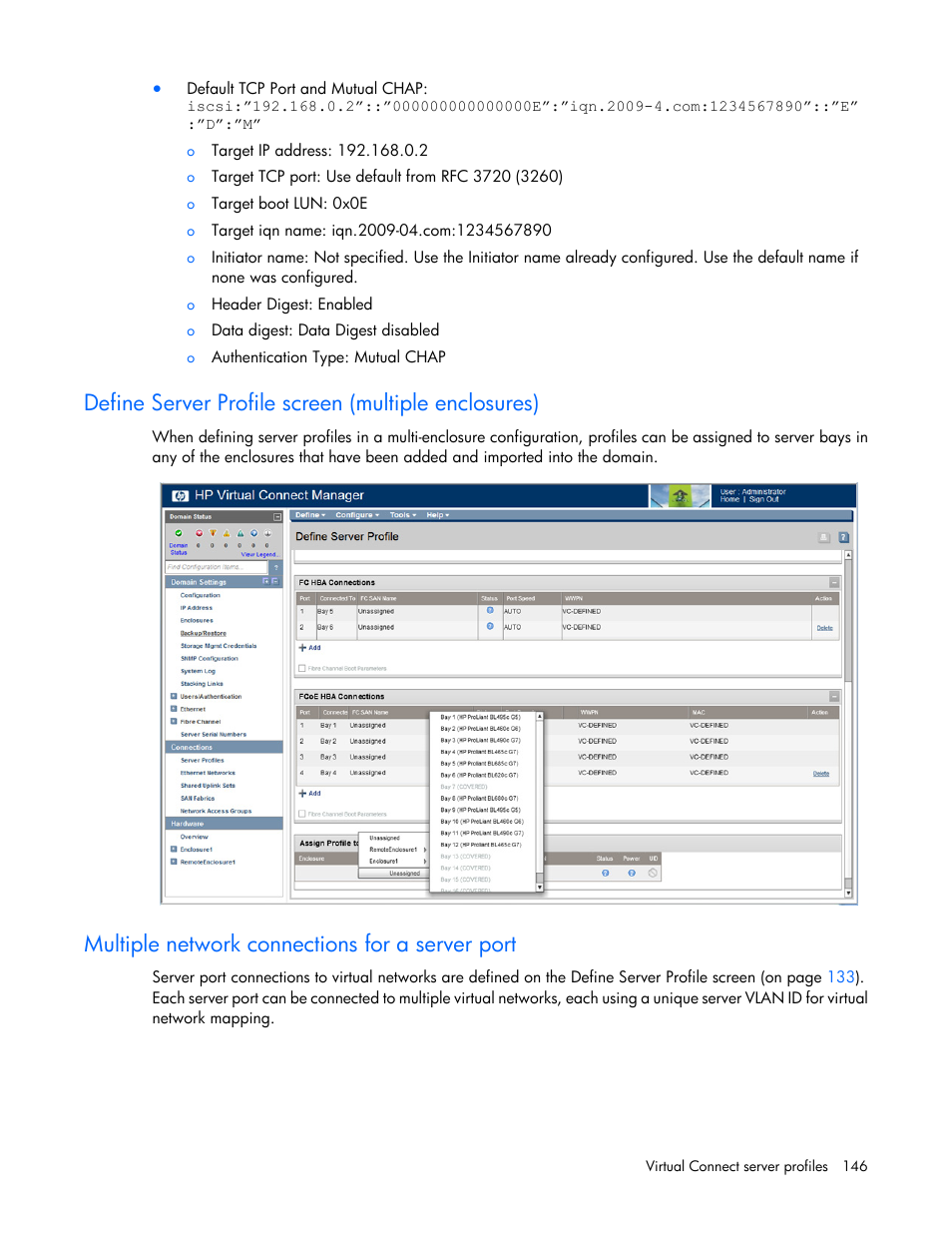 Define server profile screen (multiple enclosures), Multiple network connections for a server port | HP Virtual Connect 8Gb 20-port Fibre Channel Module for c-Class BladeSystem User Manual | Page 146 / 223