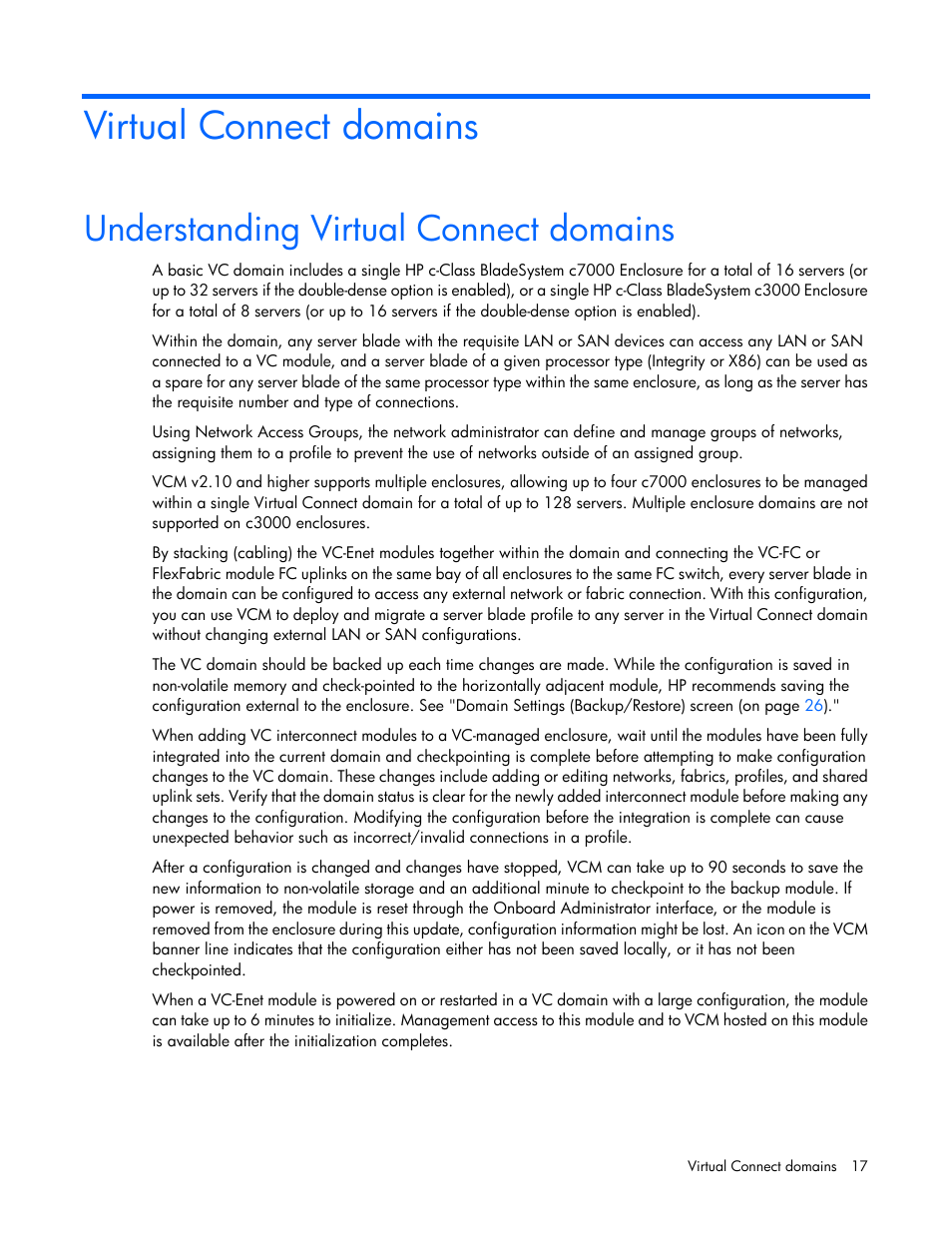 Virtual connect domains, Understanding virtual connect domains | HP Virtual Connect 8Gb 20-port Fibre Channel Module for c-Class BladeSystem User Manual | Page 17 / 223