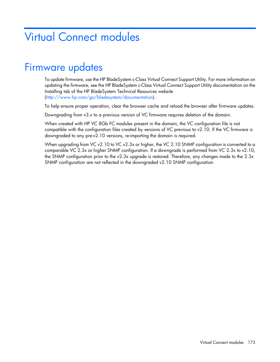 Virtual connect modules, Firmware updates | HP Virtual Connect 8Gb 20-port Fibre Channel Module for c-Class BladeSystem User Manual | Page 173 / 223
