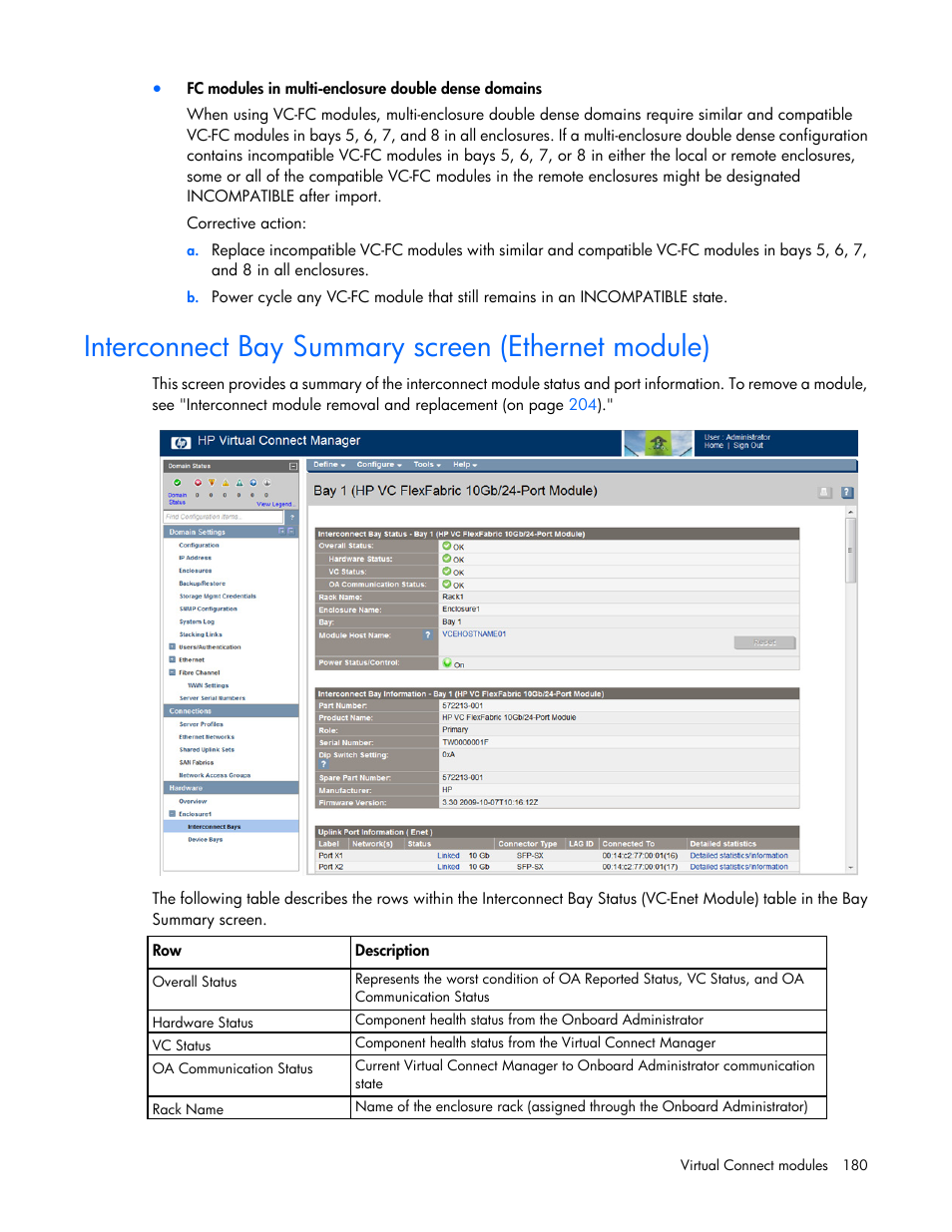 Interconnect bay summary screen (ethernet module), Interconnect bay summary screen (ethernet, Module) | HP Virtual Connect 8Gb 20-port Fibre Channel Module for c-Class BladeSystem User Manual | Page 180 / 223