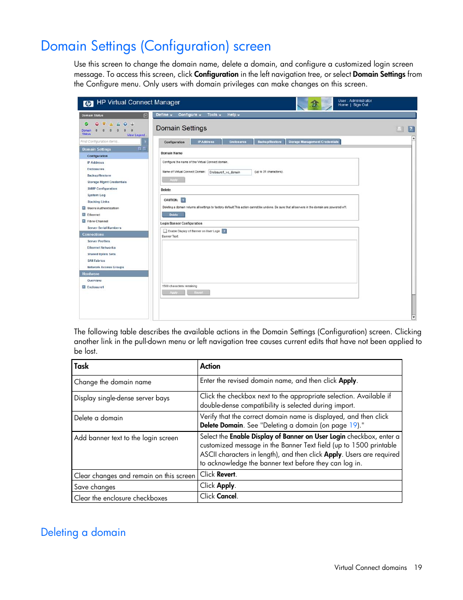 Domain settings (configuration) screen, Deleting a domain | HP Virtual Connect 8Gb 20-port Fibre Channel Module for c-Class BladeSystem User Manual | Page 19 / 223