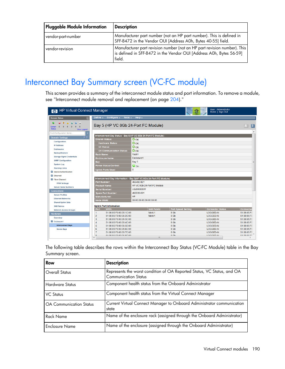 Interconnect bay summary screen (vc-fc module) | HP Virtual Connect 8Gb 20-port Fibre Channel Module for c-Class BladeSystem User Manual | Page 190 / 223