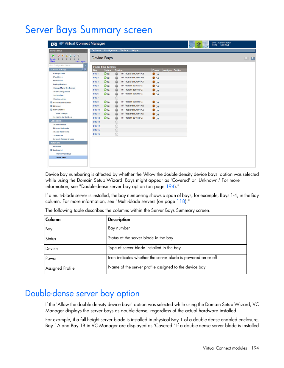 Server bays summary screen, Double-dense server bay option | HP Virtual Connect 8Gb 20-port Fibre Channel Module for c-Class BladeSystem User Manual | Page 194 / 223