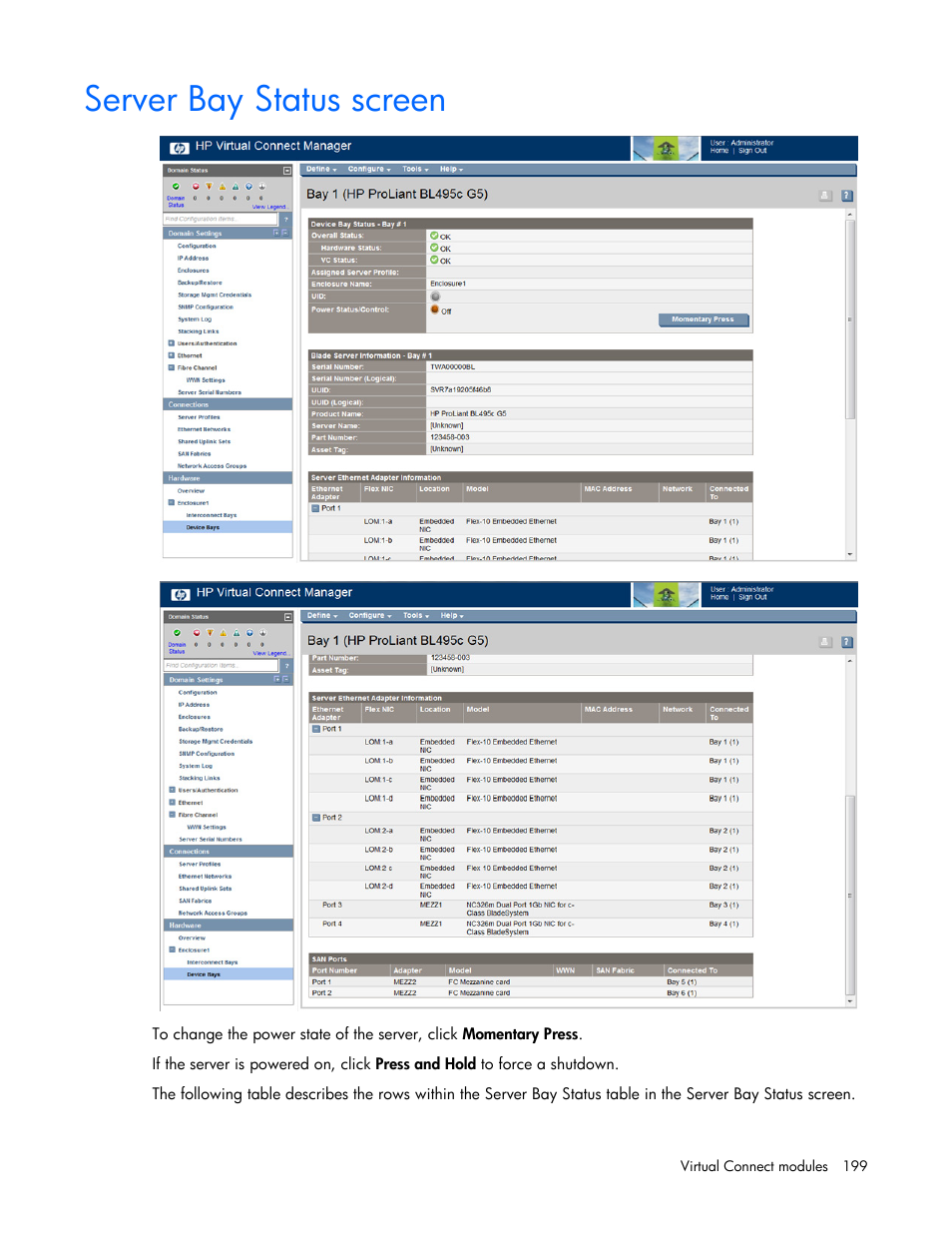 Server bay status screen | HP Virtual Connect 8Gb 20-port Fibre Channel Module for c-Class BladeSystem User Manual | Page 199 / 223