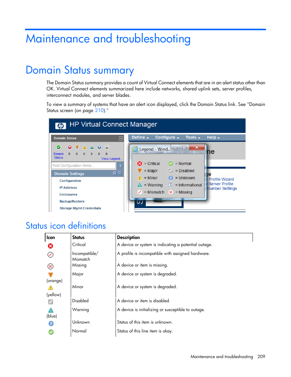 Maintenance and troubleshooting, Domain status summary, Status icon definitions | HP Virtual Connect 8Gb 20-port Fibre Channel Module for c-Class BladeSystem User Manual | Page 209 / 223