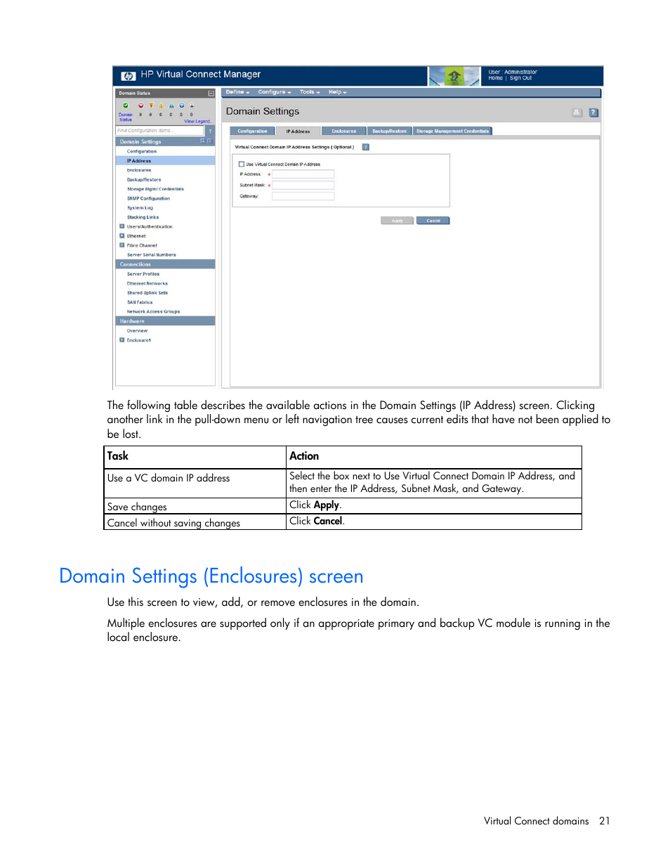 Domain settings (enclosures) screen | HP Virtual Connect 8Gb 20-port Fibre Channel Module for c-Class BladeSystem User Manual | Page 21 / 223