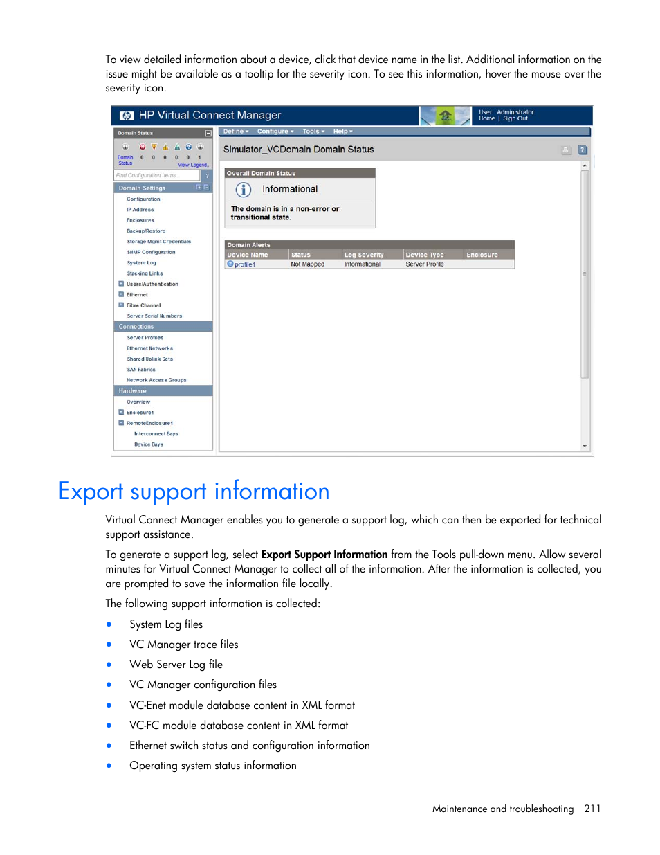 Export support information | HP Virtual Connect 8Gb 20-port Fibre Channel Module for c-Class BladeSystem User Manual | Page 211 / 223