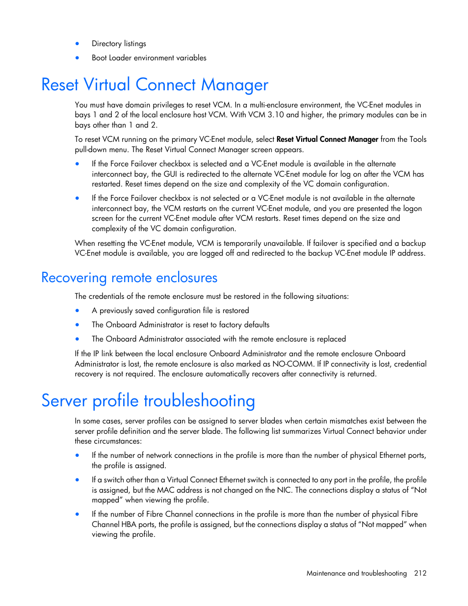 Reset virtual connect manager, Recovering remote enclosures, Server profile troubleshooting | HP Virtual Connect 8Gb 20-port Fibre Channel Module for c-Class BladeSystem User Manual | Page 212 / 223