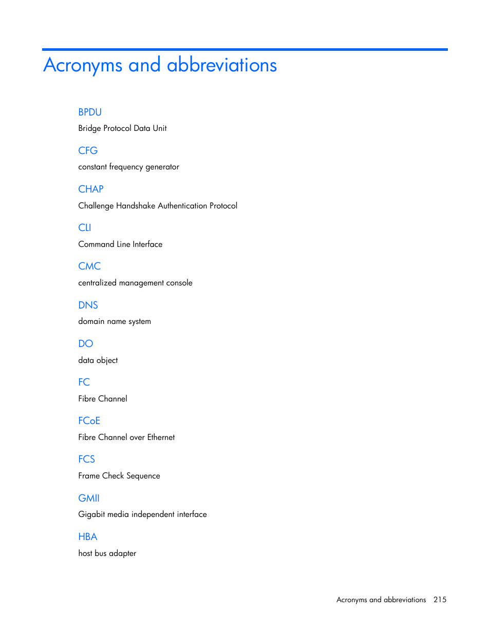 Acronyms and abbreviations | HP Virtual Connect 8Gb 20-port Fibre Channel Module for c-Class BladeSystem User Manual | Page 215 / 223
