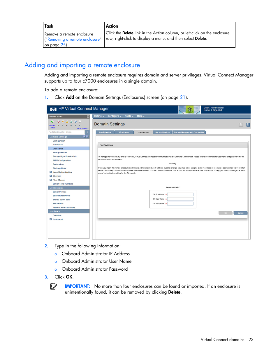 Adding and importing a remote enclosure, Adding and, Importing a remote enclosure | HP Virtual Connect 8Gb 20-port Fibre Channel Module for c-Class BladeSystem User Manual | Page 23 / 223