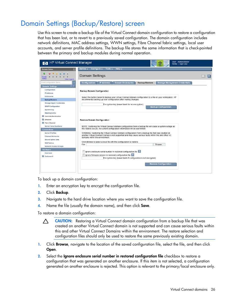 Domain settings (backup/restore) screen | HP Virtual Connect 8Gb 20-port Fibre Channel Module for c-Class BladeSystem User Manual | Page 26 / 223