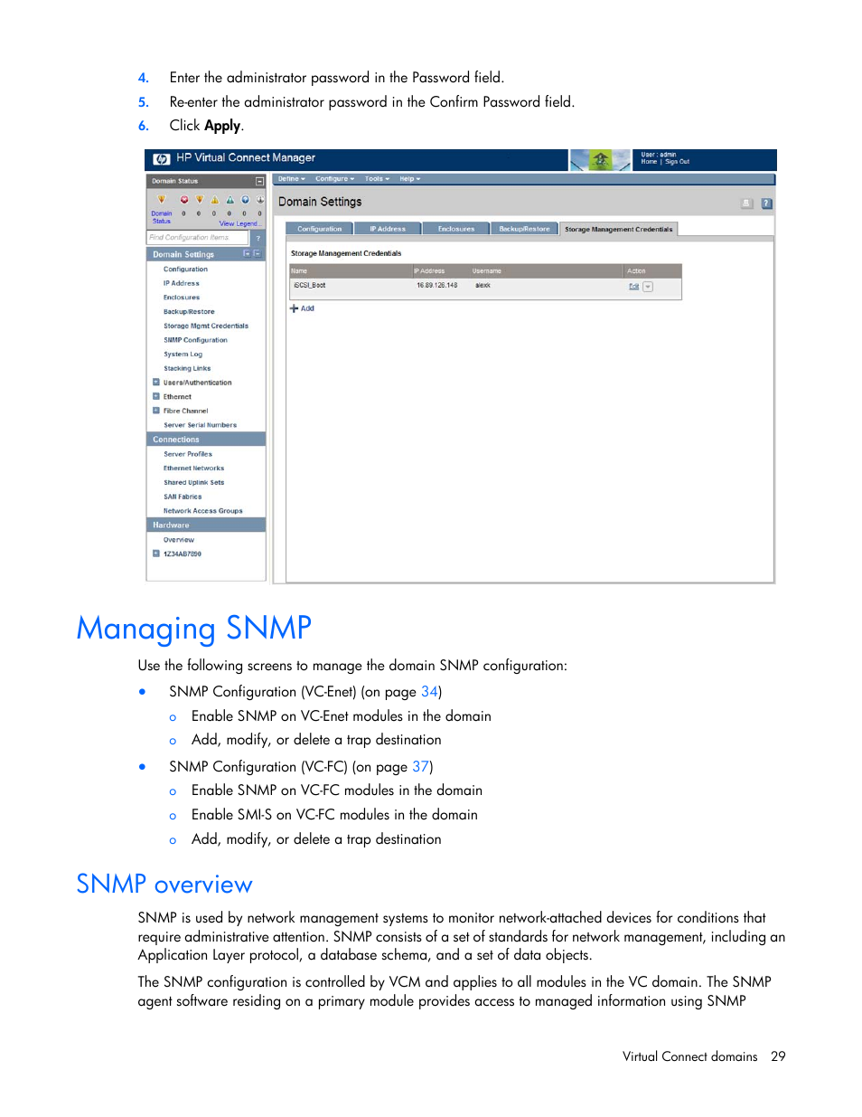 Managing snmp, Snmp overview | HP Virtual Connect 8Gb 20-port Fibre Channel Module for c-Class BladeSystem User Manual | Page 29 / 223