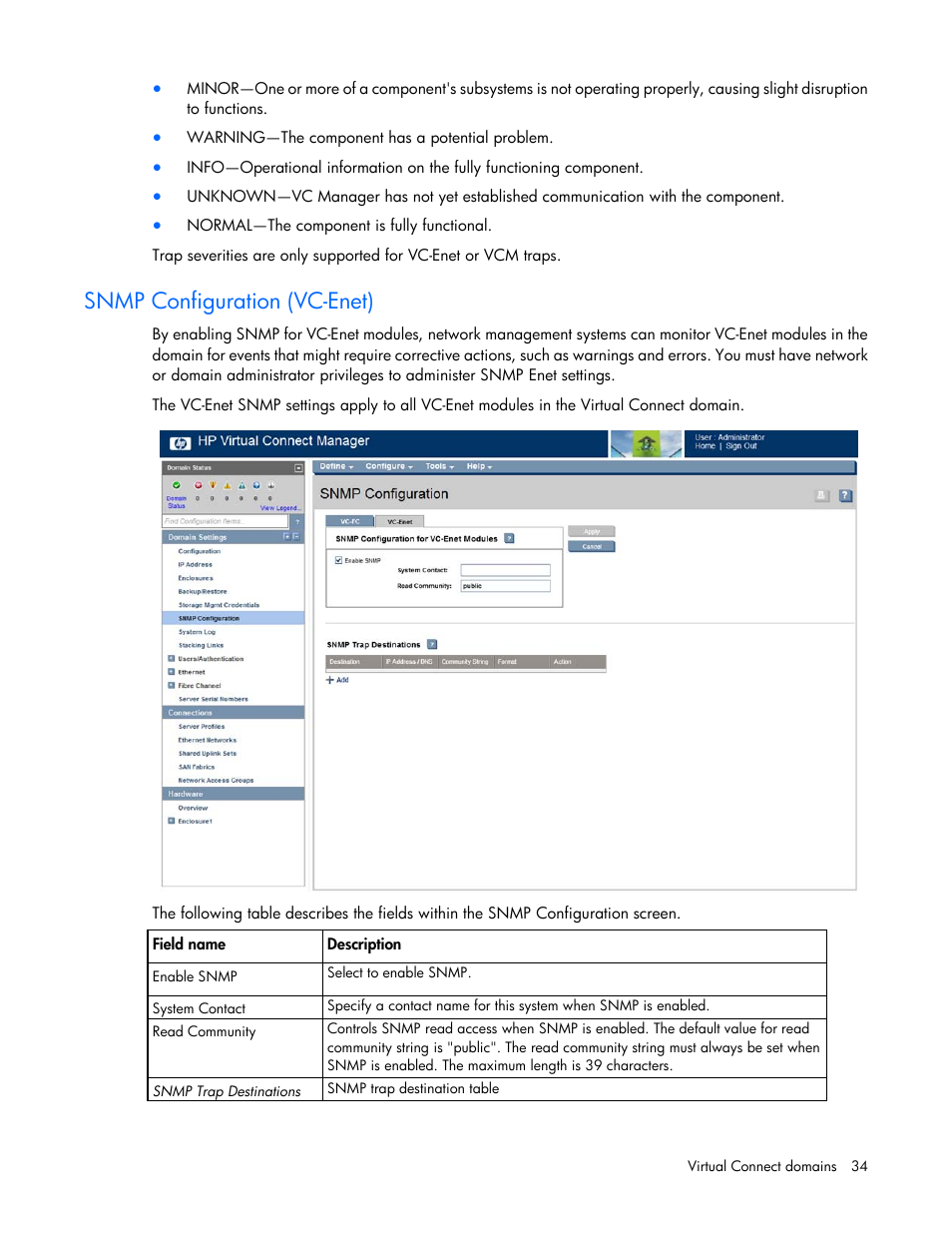 Snmp configuration (vc-enet) | HP Virtual Connect 8Gb 20-port Fibre Channel Module for c-Class BladeSystem User Manual | Page 34 / 223