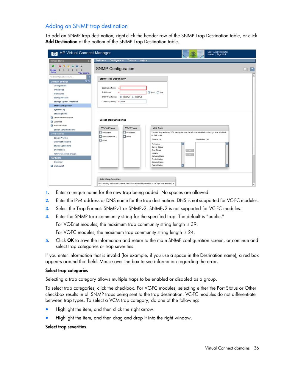 Adding an snmp trap destination, Adding an snmp trap, Destination | HP Virtual Connect 8Gb 20-port Fibre Channel Module for c-Class BladeSystem User Manual | Page 36 / 223