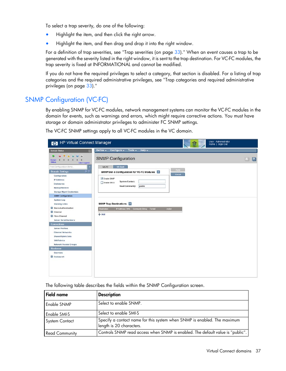 Snmp configuration (vc-fc) | HP Virtual Connect 8Gb 20-port Fibre Channel Module for c-Class BladeSystem User Manual | Page 37 / 223