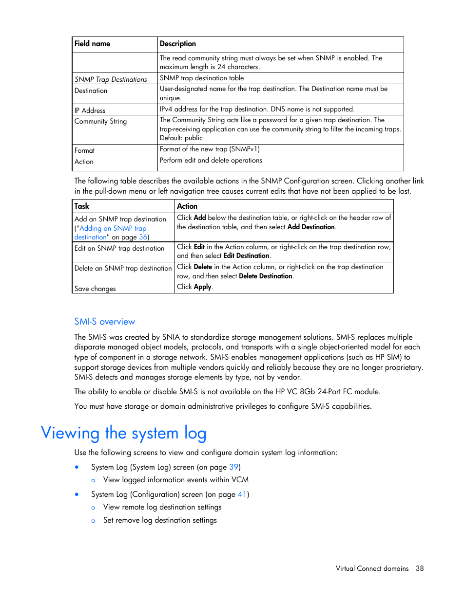 Smi-s overview, Viewing the system log | HP Virtual Connect 8Gb 20-port Fibre Channel Module for c-Class BladeSystem User Manual | Page 38 / 223