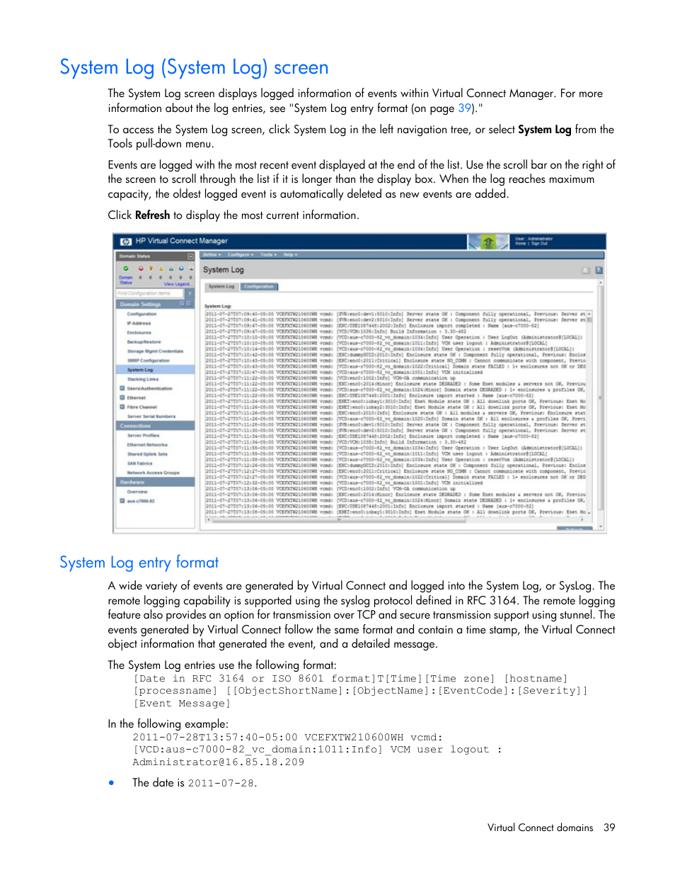 System log (system log) screen, System log entry format | HP Virtual Connect 8Gb 20-port Fibre Channel Module for c-Class BladeSystem User Manual | Page 39 / 223