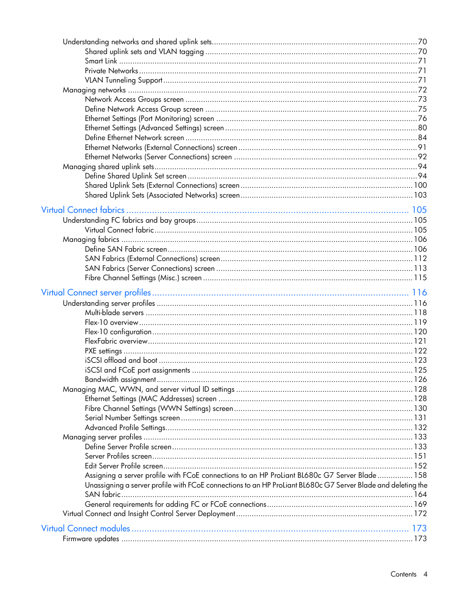 HP Virtual Connect 8Gb 20-port Fibre Channel Module for c-Class BladeSystem User Manual | Page 4 / 223