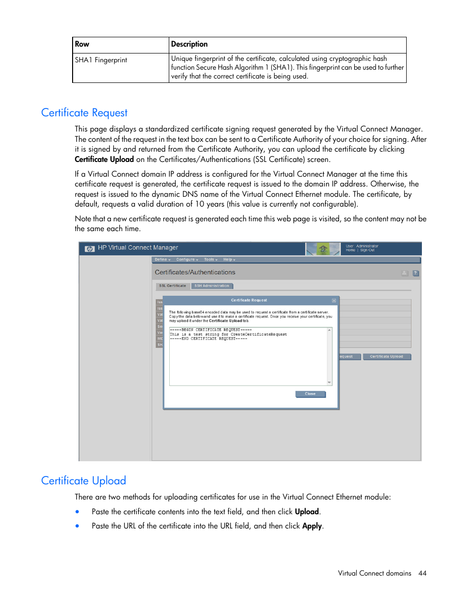 Certificate request, Certificate upload | HP Virtual Connect 8Gb 20-port Fibre Channel Module for c-Class BladeSystem User Manual | Page 44 / 223