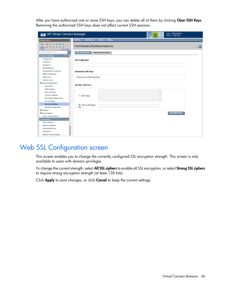 Web ssl configuration screen | HP Virtual Connect 8Gb 20-port Fibre Channel Module for c-Class BladeSystem User Manual | Page 46 / 223
