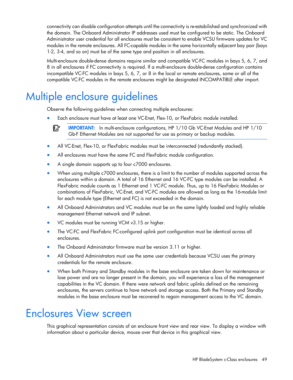 Multiple enclosure guidelines, Enclosures view screen | HP Virtual Connect 8Gb 20-port Fibre Channel Module for c-Class BladeSystem User Manual | Page 49 / 223